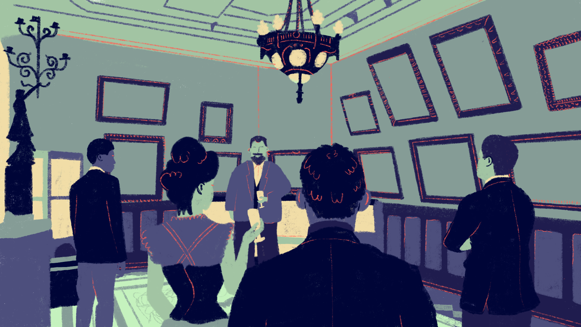 Foule attroupée dans un salon