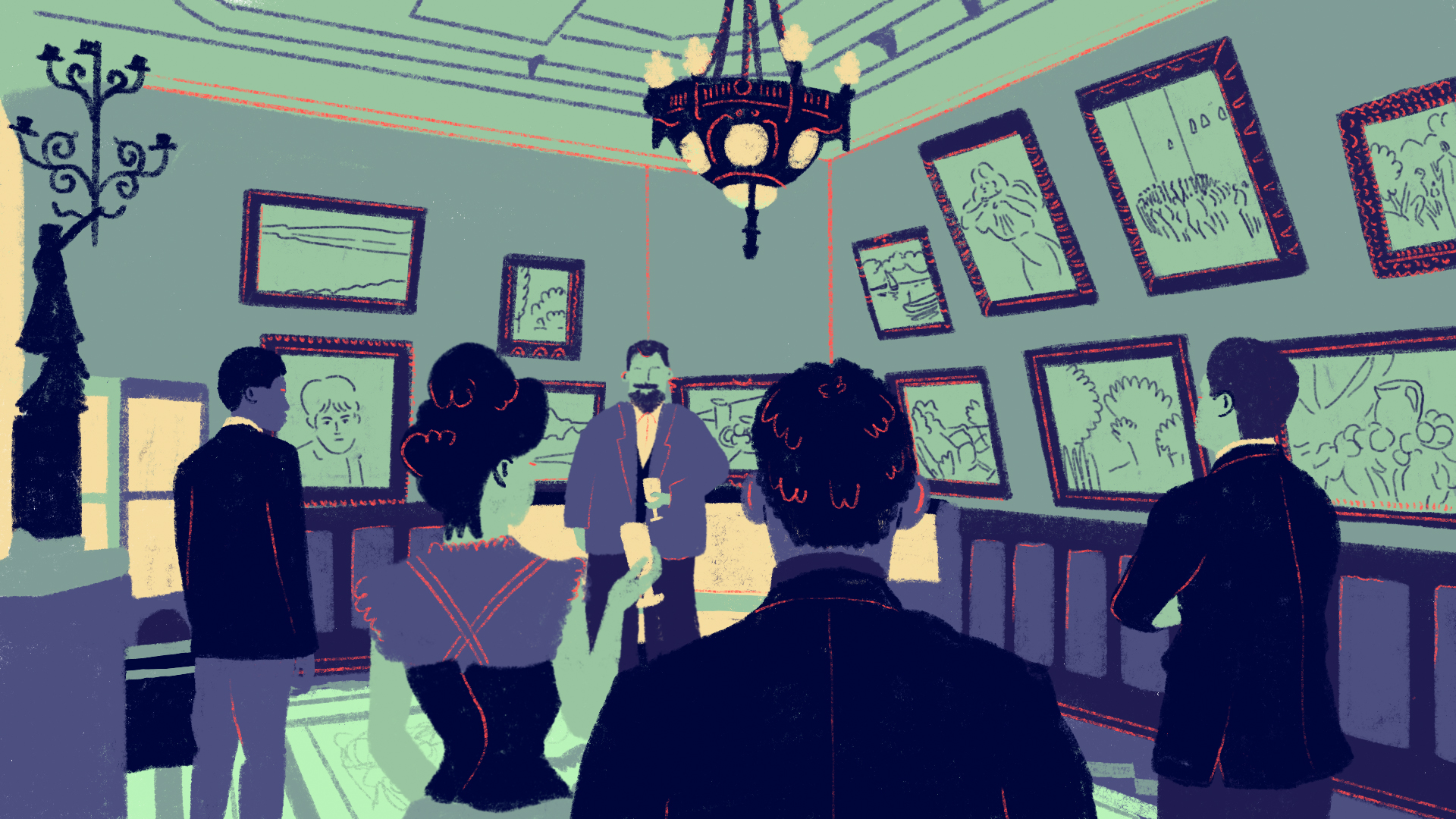 Foule attroupée dans un salon